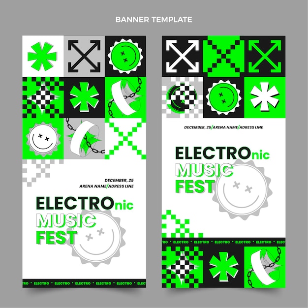 Banners verticais de festival de música em mosaico com design plano