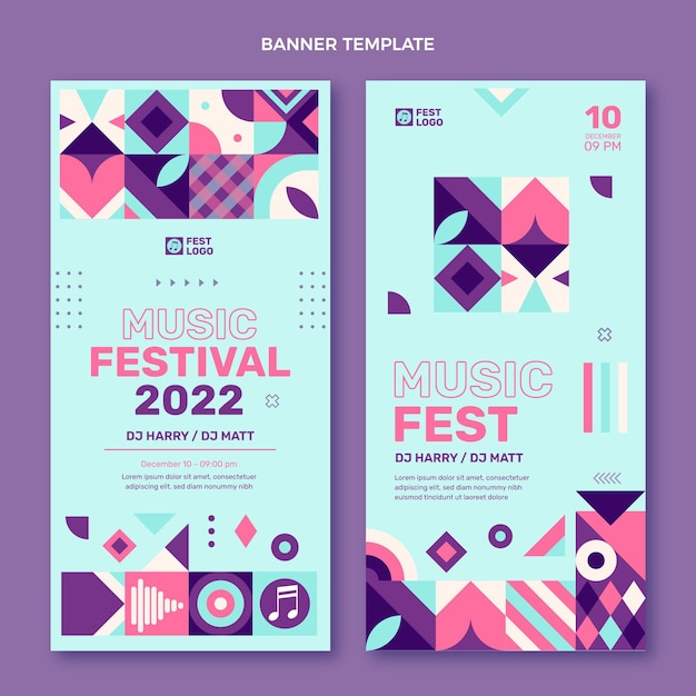 Banners verticais de festival de música em mosaico de design plano