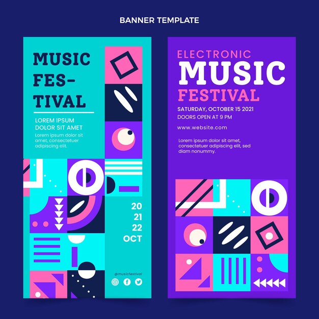 Banners verticais de festival de música em mosaico plano