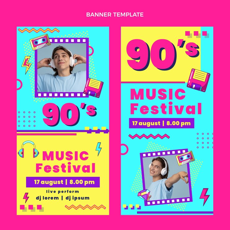 Vetor grátis banners verticais de festival de música nostálgica de design plano