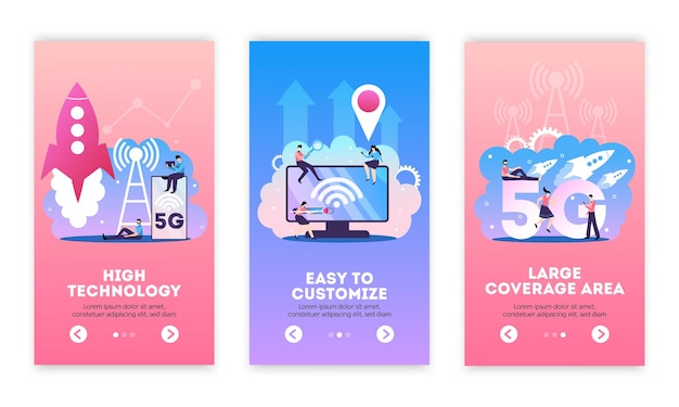 Vetor grátis banners verticais de internet 5g com texto editável e composições planas de imagens de tecnologia de conexão móvel