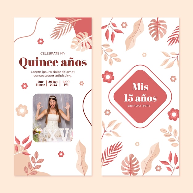 Vetor grátis banners verticais de quinceanera floral design plano