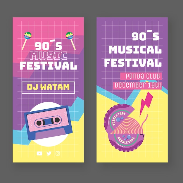 Banners verticais do festival de música dos anos 90