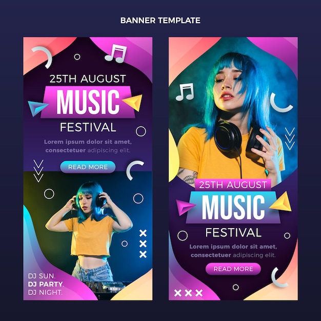 Banners verticais em gradiente colorido de festival de música