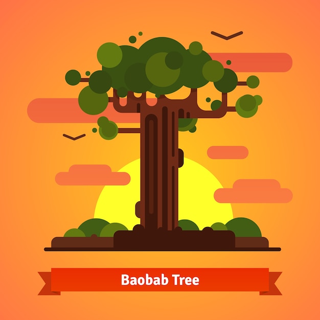 Vetor grátis baobab árvore cena do por do sol
