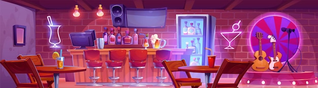 Bar de desenhos animados com ilustração vetorial interior de balcão restaurante ou pub com mesa de música de guitarra ao vivo e coquetel de álcool iluminação de néon em boate com alto-falante de móveis de madeira vintage e tv