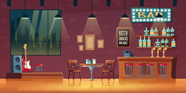 Vetor grátis bar de música, interior vazio de pub dos desenhos animados com placa iluminada
