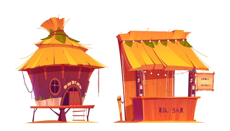 Vetor grátis bar tiki hut, construção de madeira na praia do havaí com telhado de feno e menu de bambu