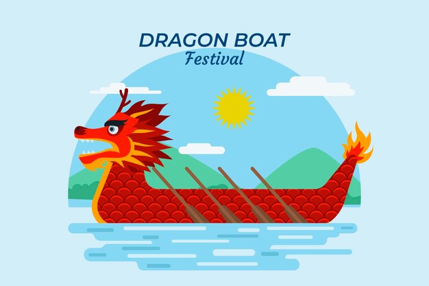 Vetor grátis barco de dragão vermelho design plano e fundo de remos