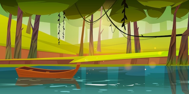 Barco de madeira flutua no lago ou rio da floresta