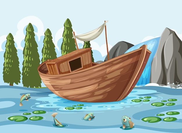 Vetor grátis barco de madeira na cena da lagoa