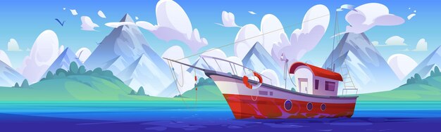 Barco de peixe no mar perto da ilha vetor paisagem de montanha água do oceano azul com embarcação marinha perto da costa panorama de fundo ilustração cartoon natureza ensolarada viagem de paz ao ar livre para a baía do lago