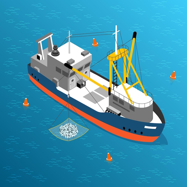 Vetor grátis barco de pesca comercial na rede de carregamento de mar aberto com ilustração em vetor isométrico 3d de peixe