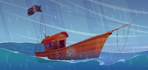 Vetor grátis barco pirata no fundo náutico do mar de onda de tempestade