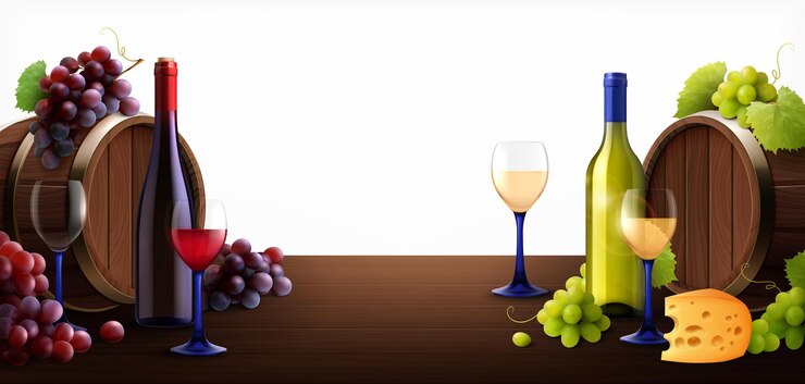 Vetor grátis barril, vinhos e uvas no fundo isolado da superfície de madeira