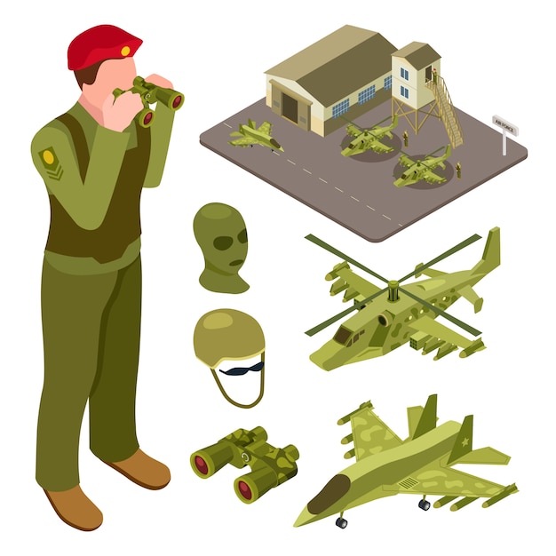 Base da força aérea militar isométrica com helicóptero, avião de combate, ilustração de soldados Vetor Premium