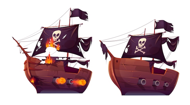 Vetor grátis batalha marítima de navio de madeira, veleiro pirata
