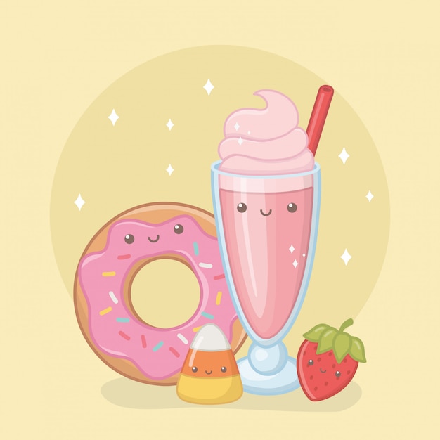 Batido delicioso e doce e produtos kawaii caracteres