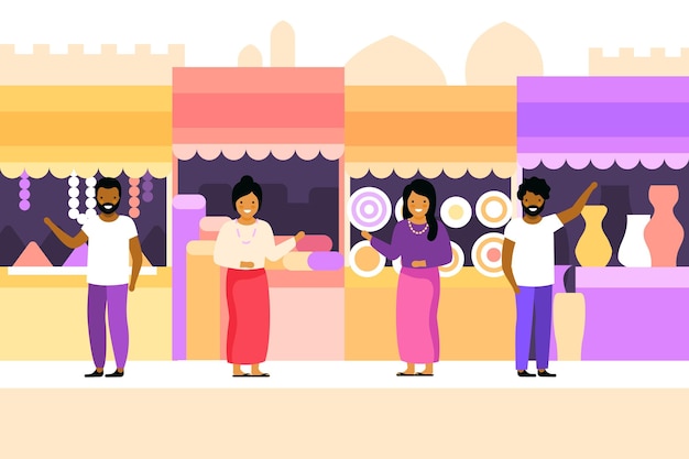 Bazar árabe com clientes e vendedores