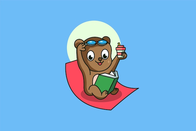 Bear lendo livros com óculos na praia
