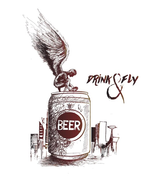 Beba e voe Anjo abra uma lata de cerveja com fundo urbano da cidade Fundo vetorial desenhado à mão
