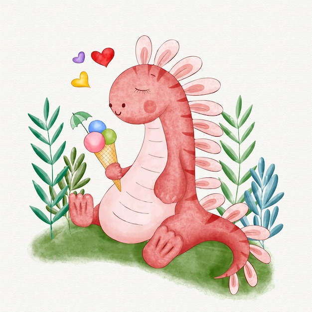 Bebê dinossauro fofo pintado à mão em aquarela