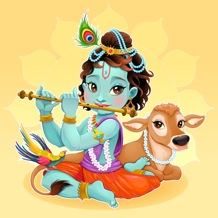 Vetor grátis bebê krishna com vaca sagrada vector ilustração dos desenhos animados do deus hindu