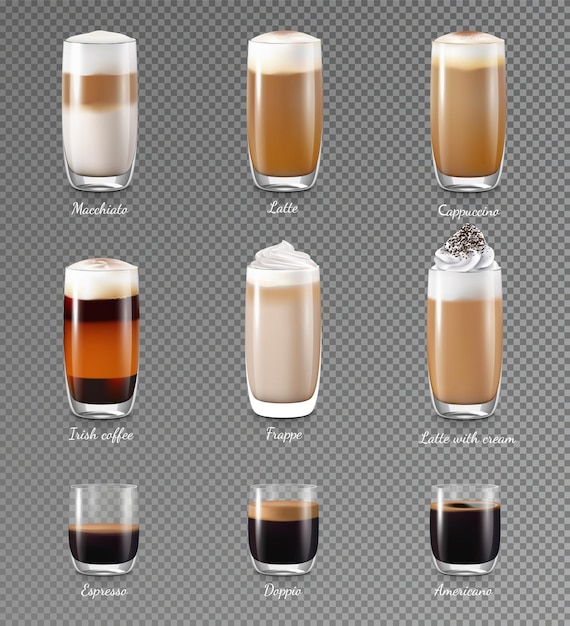 Vetor grátis bebidas de café transparentes conjunto realista com latte e frappe ilustração vetorial isolada