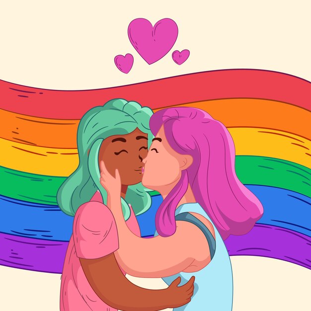 Beijo lésbico carinhoso desenhado à mão