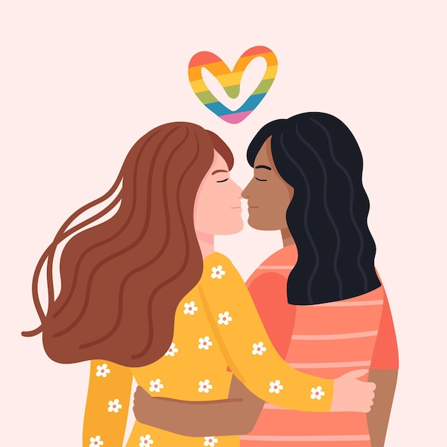 Beijo lésbico carinhoso desenhado à mão