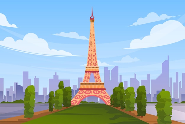 Bela cena com a Torre Eiffel em Paris. Símbolo de atração turística de França mundialmente famoso. Marcos internacionais projetam cartão postal ou cartaz de viagens, ilustração vetorial.