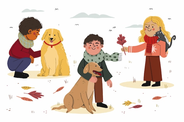 Bela ilustração de crianças e animais de estimação no outono