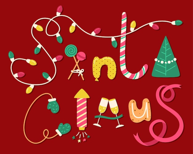 Bela inscrição festiva de vários objetos de natal do doodle. frase decorativa papai noel. cartão postal de natal, ano novo, letras de banner. bom para t-shirt, caneca, presente, reserva de sucata, bolsas.