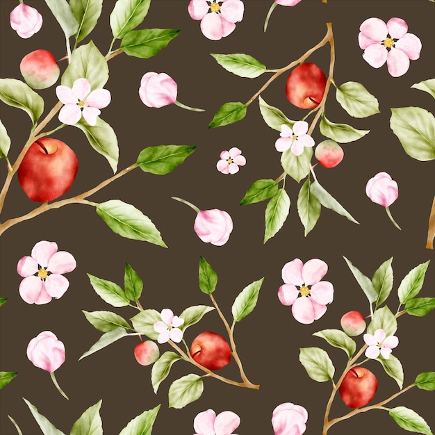 Vetor grátis bela maçã botânica aquarela e padrão floral rosa sem costura