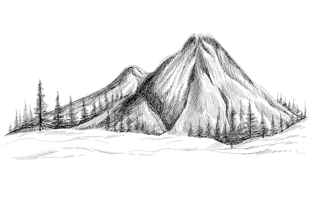 Bela mão desenha a paisagem com desenho de montanha