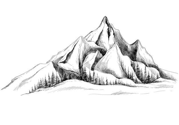 Bela mão desenha a paisagem com desenho de montanha