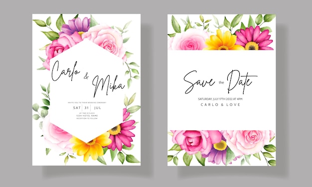 Bela mão desenhando convite de casamento em aquarela design floral