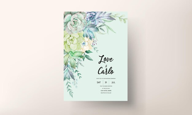bela mão desenhando planta suculenta em aquarela e modelo de convite de casamento de flor