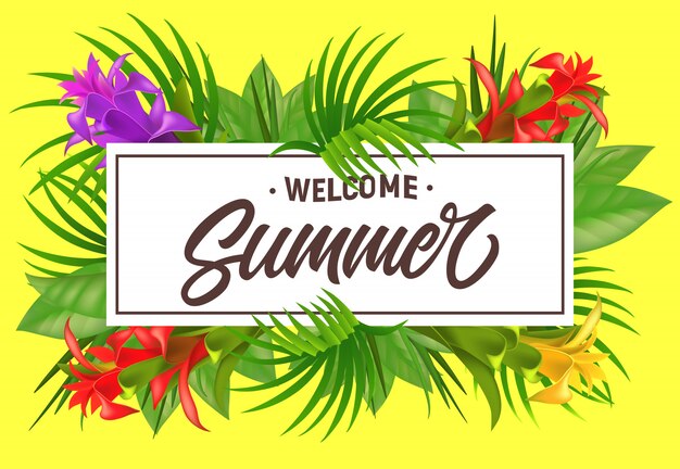 Bem-vindo a rotulação de verão no quadro com flores. Oferta de verão ou publicidade de venda