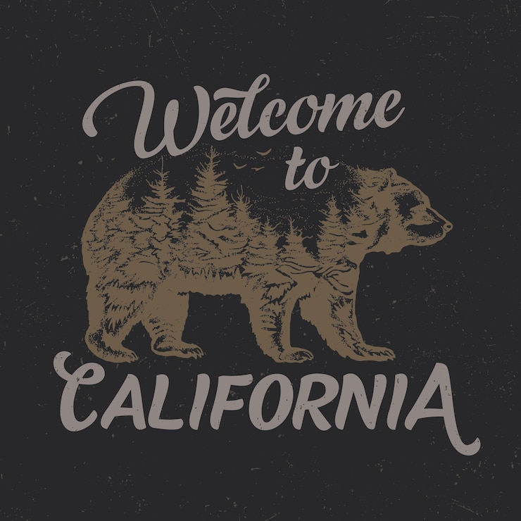 Vetor grátis bem-vindo ao design de camiseta da califórnia com ilustração da silhueta de um urso