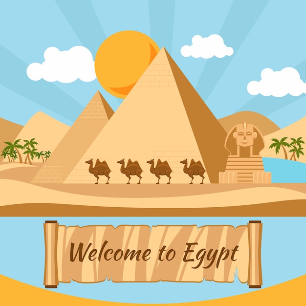 Vetor grátis bem-vindo ao egito, pirâmides e esfinge. férias e monumento, areia e estátua, camelo e exótico