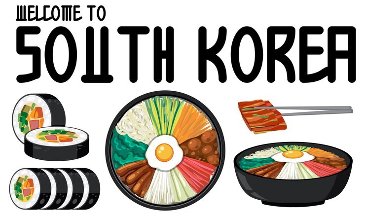 Vetor grátis bem-vindo ao texto da coreia do sul com comida tradicional coreana