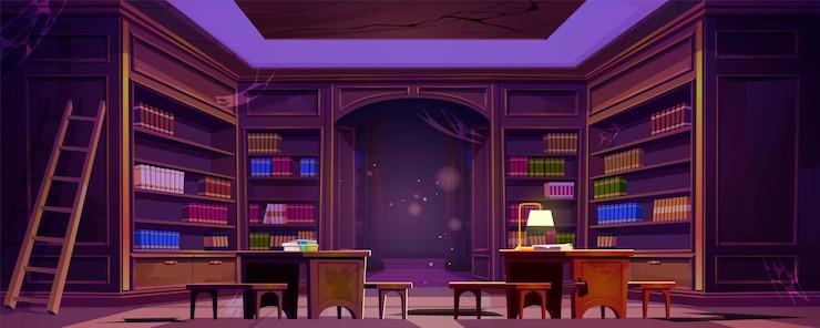 Vetor grátis biblioteca abandonada com livros antigos em prateleiras empoeiradas e mesas de trabalho com lâmpadas vector cartoon ilustração de grande sala com estantes e paredes cobertas com teia de aranha interior de arquivo assombrado