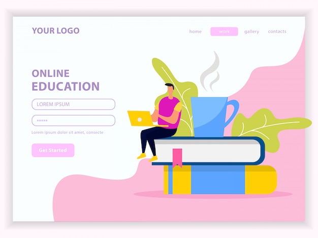 Vetor grátis biblioteca e educação on-line página inicial da web plana com conta de usuário em rosa branco