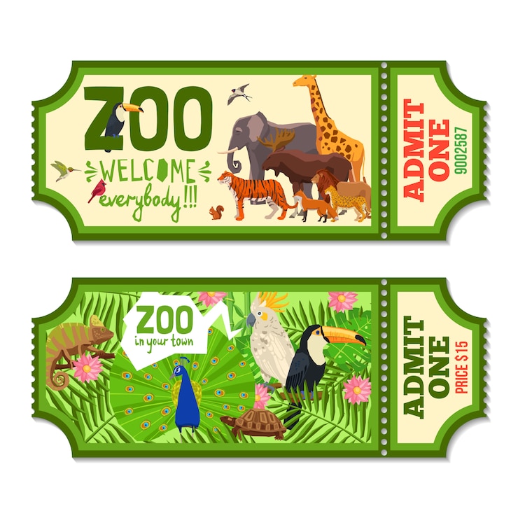 Vetor grátis bilhetes coloridos do jardim zoológico com fundo tropical