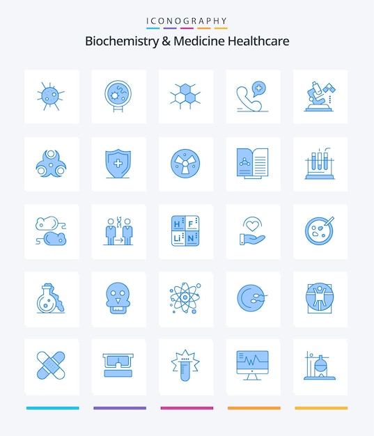 Bioquímica criativa e medicina healthcare 25 pacote de ícones azuis, como telefone de hospital de estrutura de microscópio de laboratório