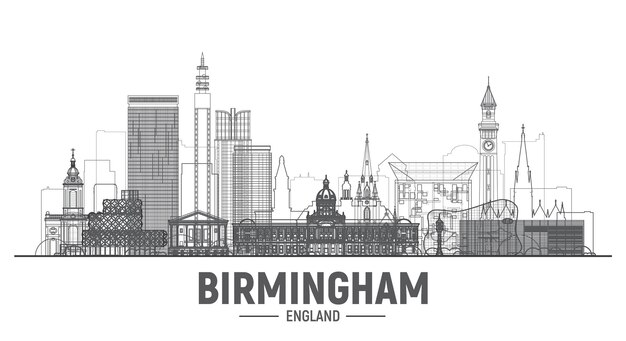 Birmingham Inglaterra linha skyline da cidade no fundo branco Ilustração vetorial de acidente vascular cerebral Conceito de viagens e turismo de negócios com edifícios modernos Imagem para banner ou site