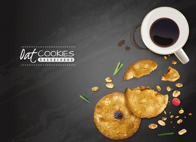 Biscoitos de aveia fundo preto com vista superior xícara de café e crumble cookies e bagas ilustração