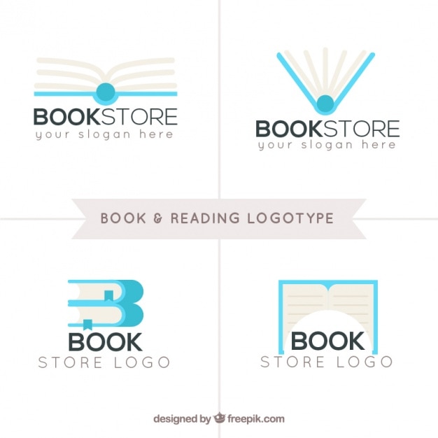 Bloco de quatro livro e leitura logos em design plano