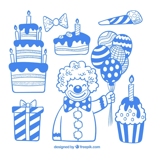 Blue hand drawn birthday party elements